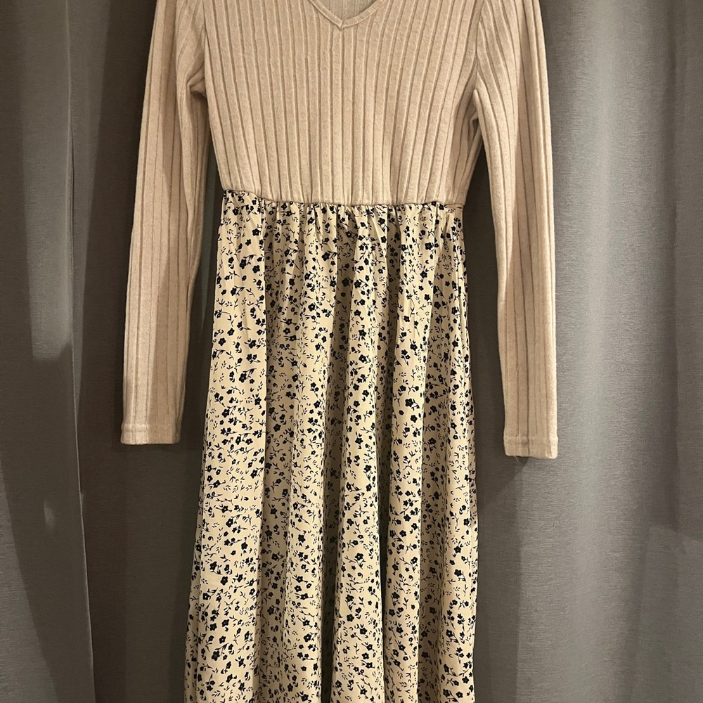 Women's Cream Ribbed Top & Floral Skirt Midi Dress - Picture 2 of 2